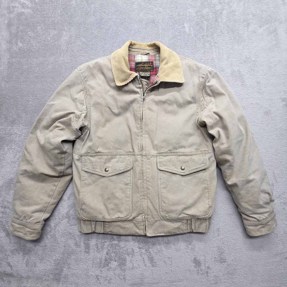 Vintage Eddie Bauer Jacket Mens Small Beige Bomber Canvas Corduroy Collar Lined